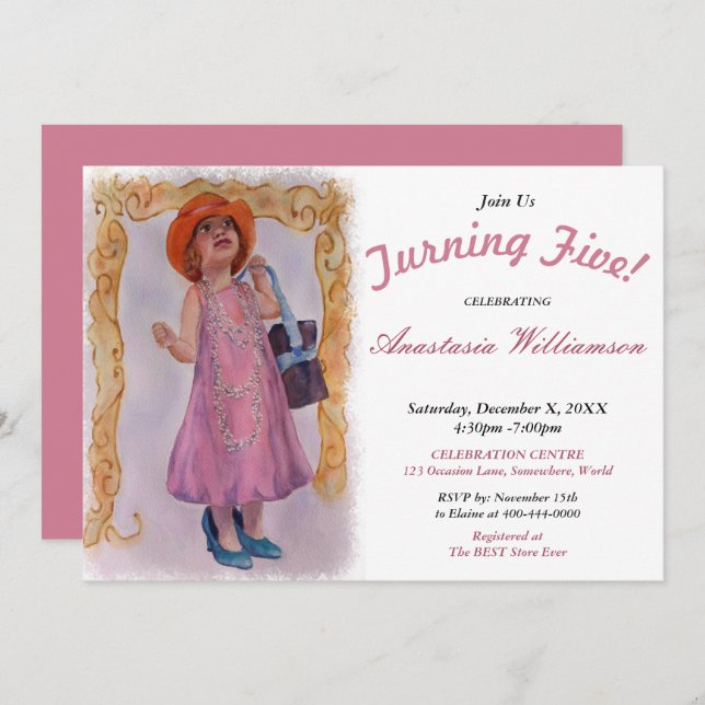 LITTLE GIRL TURNING 5 ALL DRESSED PARTY INVITATION (Front/Back)