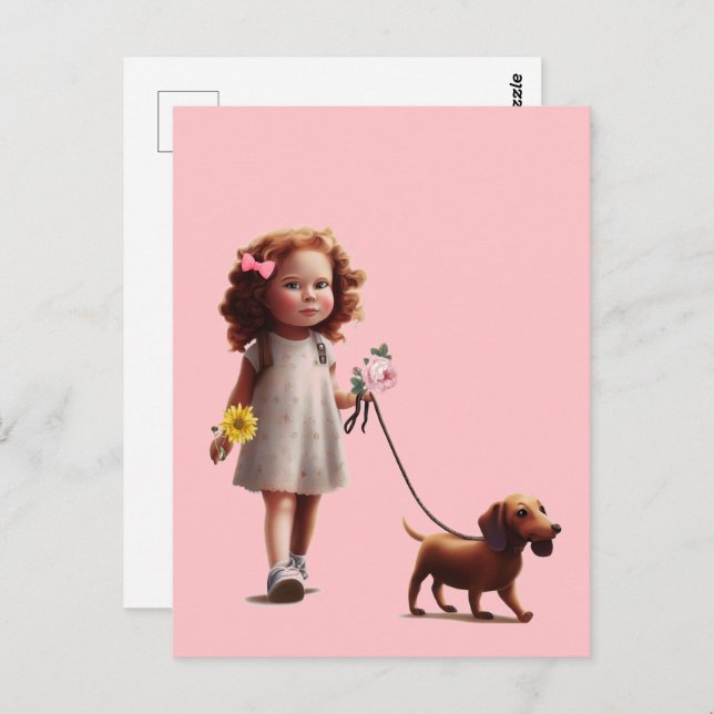 Little Girl Walking Dachshund  Postcard (Front/Back)