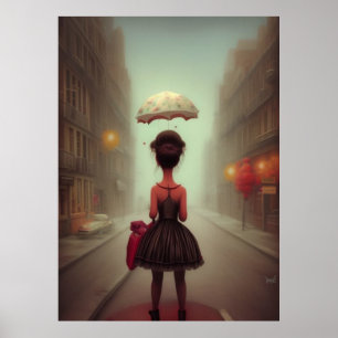 Little girl walking home from school  umbrella poster