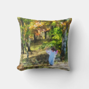 Little Girl Walking in Autumn Woods Cushion