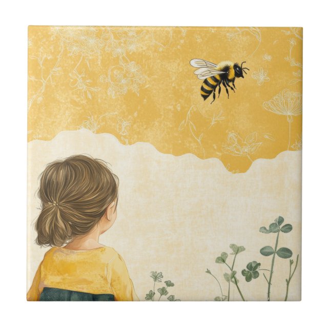 Little Girl Watching a Bumblebee Ceramic Tile (Front)
