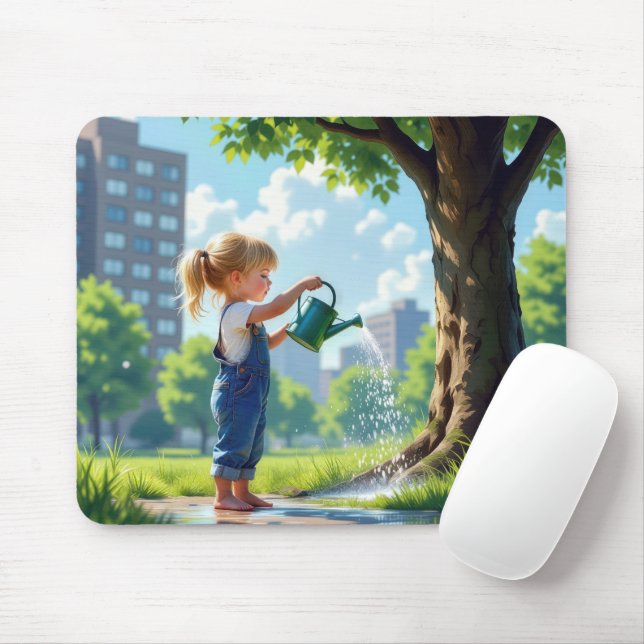 Little Girl Watering a Tree In a City Park Mouse Pad (With Mouse)