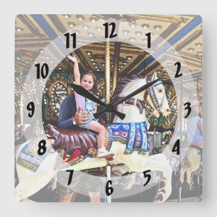 Little Girl Waving Hi From Carousel Square Wall Clock