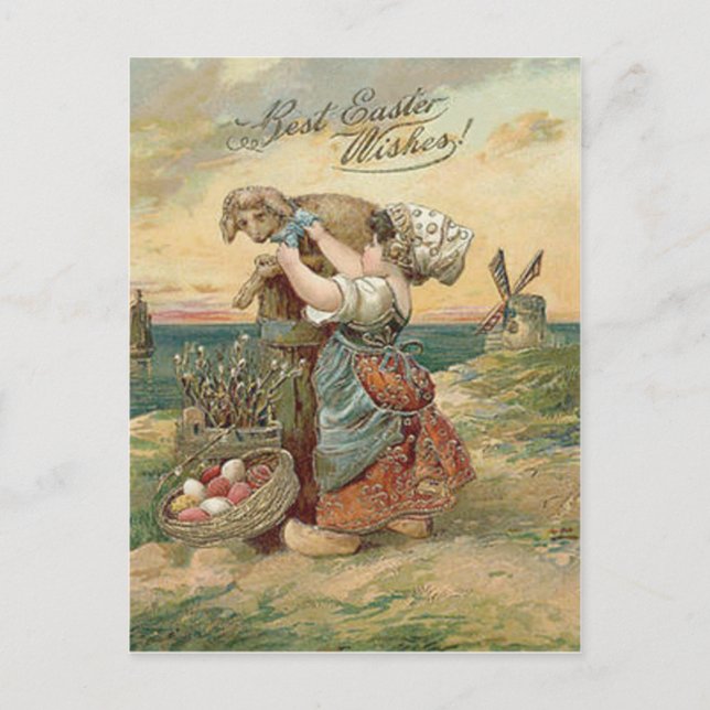 Little Girl Windmill Easter Egg Lamb Holiday Postcard (Front)