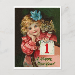 Little girl wish you a Happy New year, vintage Postcard