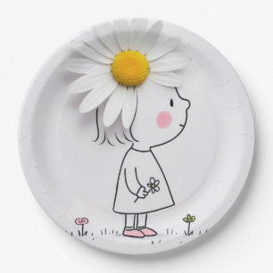 Little Girl With a White Daisy On Her Head Paper Plate