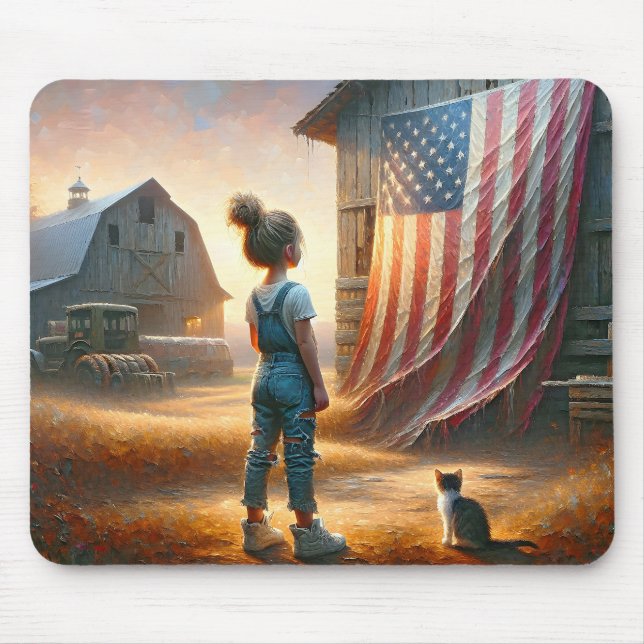 Little Girl With An American Flag On Old Barn Mouse Pad (Front)