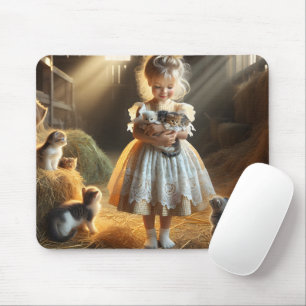 Little Girl With Barn Kittens Mouse Pad