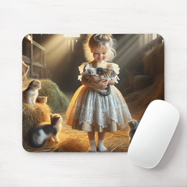 Little Girl With Barn Kittens Mouse Pad (With Mouse)