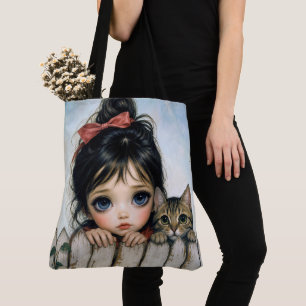 Little Girl with Big Eyes and Pet Cat Tote Bag