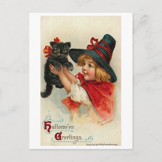 Little Girl with Black Kitten Holiday Postcard (Front)