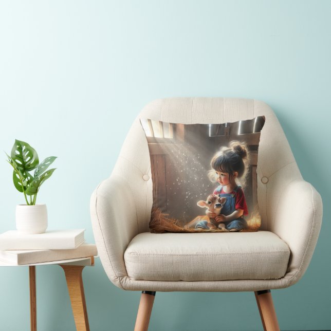 Little Girl With Calf In Sunbeams Cushion (Chair)