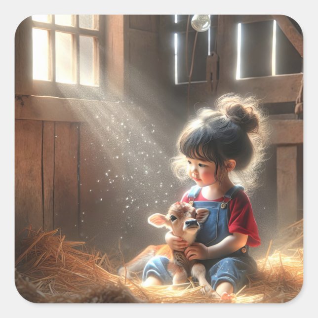 Little Girl With Calf In Sunbeams Square Sticker (Front)