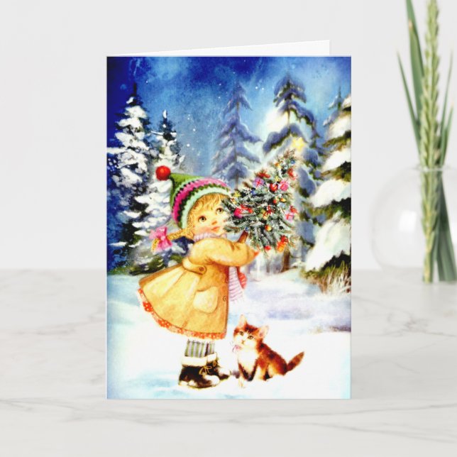 Little Girl With Christmas Tree Holiday Card (Front)