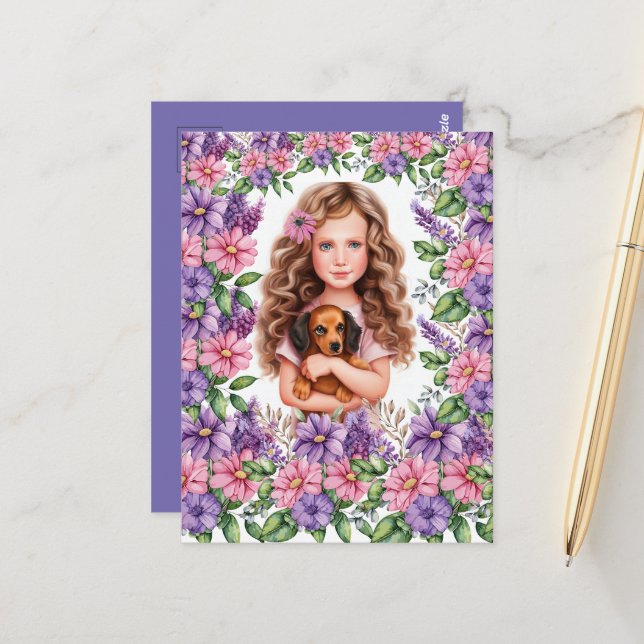 Little Girl with Dachshund Puppy  Postcard (Front/Back In Situ)