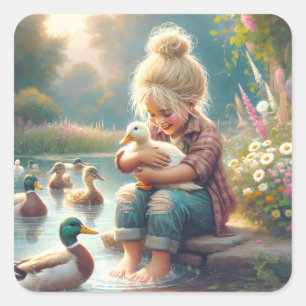 Little Girl With Ducks  Square Sticker