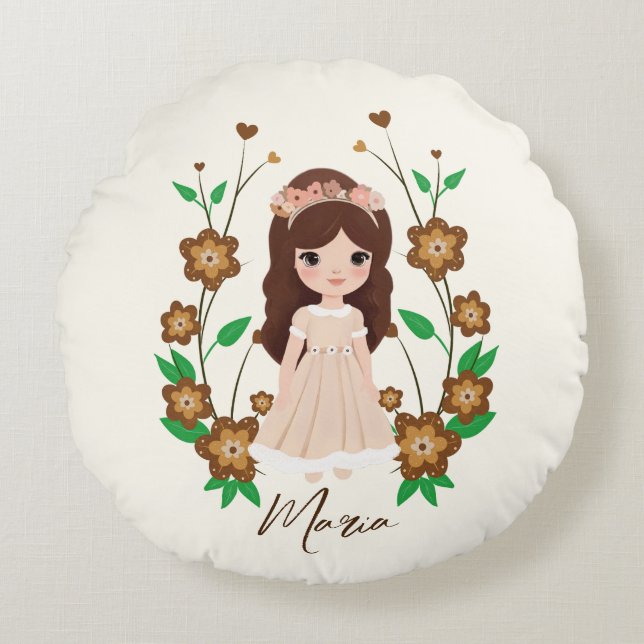 Little girl with flowers round cushion (Front)