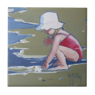 Little girl with hat on beach with waves ceramic tile