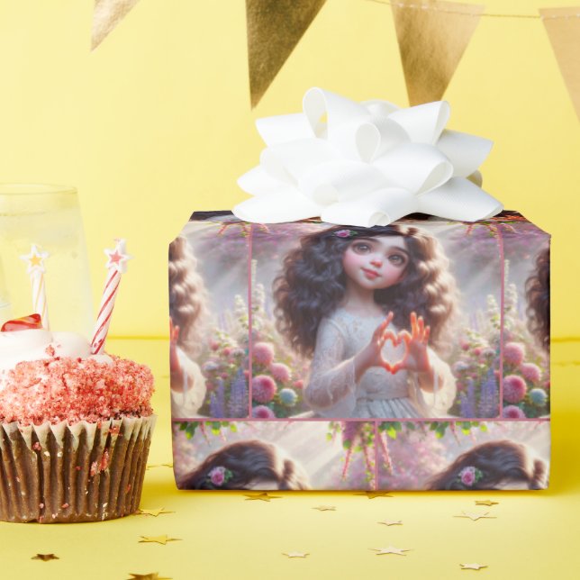 Little Girl With Heart Sign Wrapping Paper (Birthday Party)