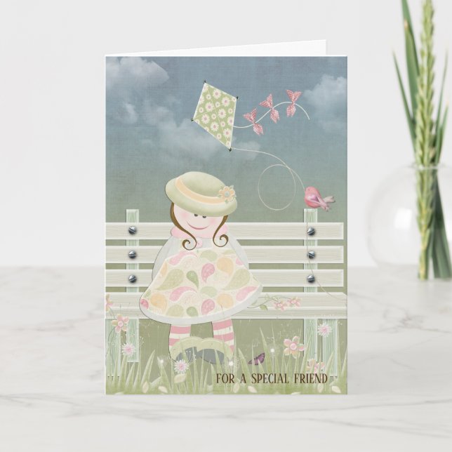 little girl with kite on bench for friendship card (Front)