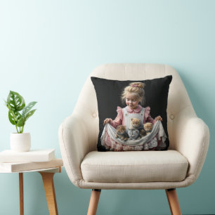 Little Girl With Kittens In Her Apron Cushion