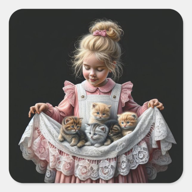 Little Girl With Kittens In Her Apron Square Sticker (Front)