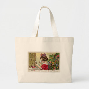 Little Girl with Makeup Mirror Christmas Large Tote Bag