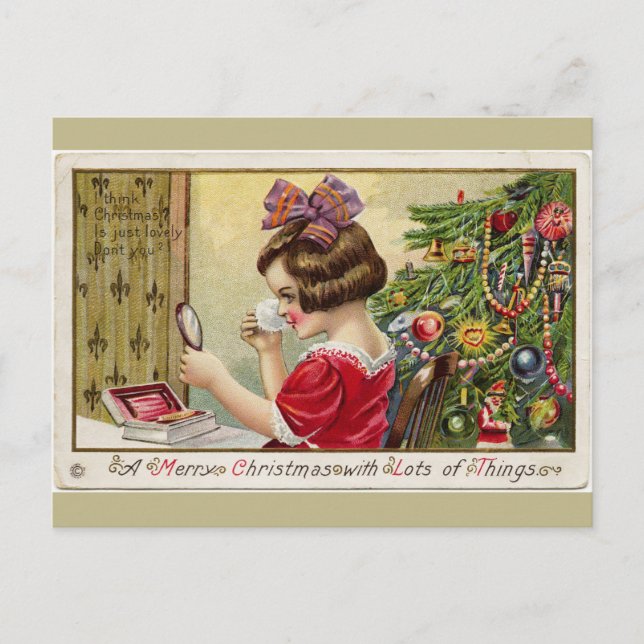Little Girl with Makeup Mirror Christmas Postcard (Front)