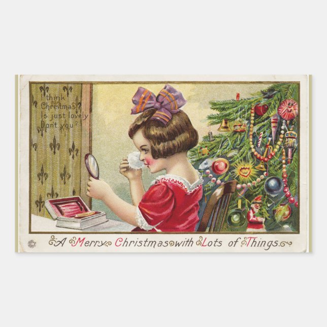 Little Girl with Makeup Mirror Christmas Rectangular Sticker (Front)