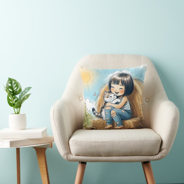 Little Girl With Pet Kitten Cushion (Chair)