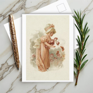 Little Girl with Pink Flowers and Butterflies Postcard
