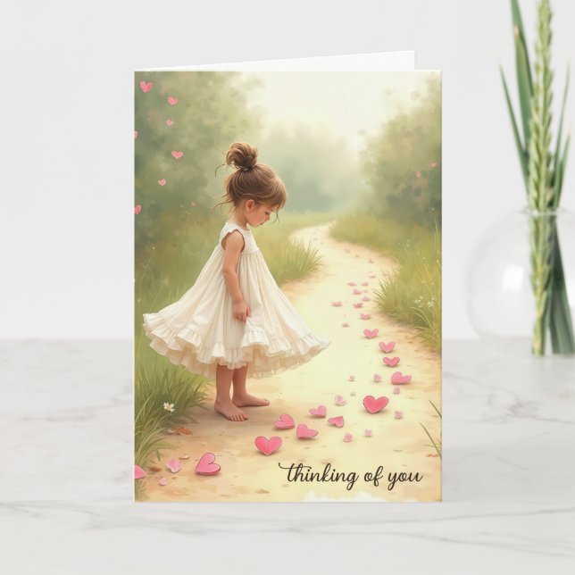 Little Girl With Pink Hearts Thinking of You Card (Front)