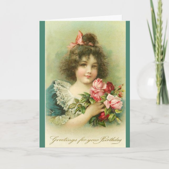 Little Girl with Pink Roses ,Birthday Card (Front)