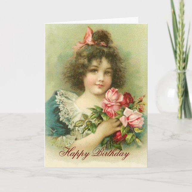 Little Girl with Pink Roses ,Birthday Card (Front)