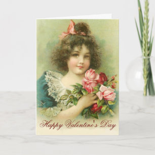 Little Girl with Pink Roses Valentine''s Day Holiday Card