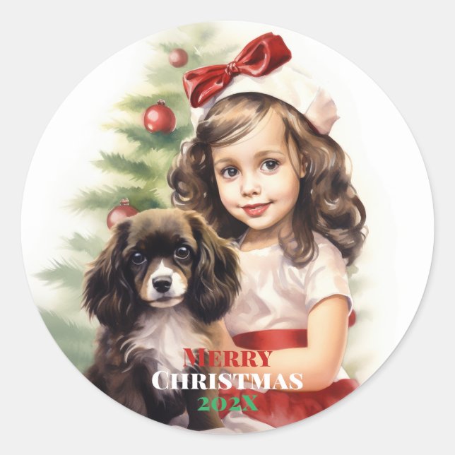 Little Girl with Puppy Christmas Sticker (Front)