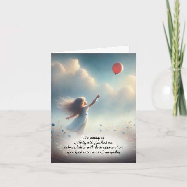 Little Girl With Red Balloon Sympathy Thank You Card (Front)