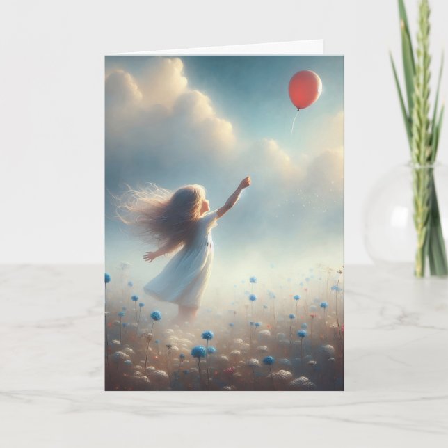 Little Girl With Red Balloon Thinking Of You Card (Front)