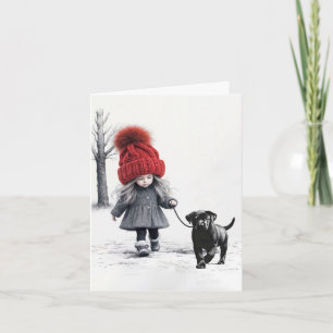 Little Girl With Red Hat and Puppy Card