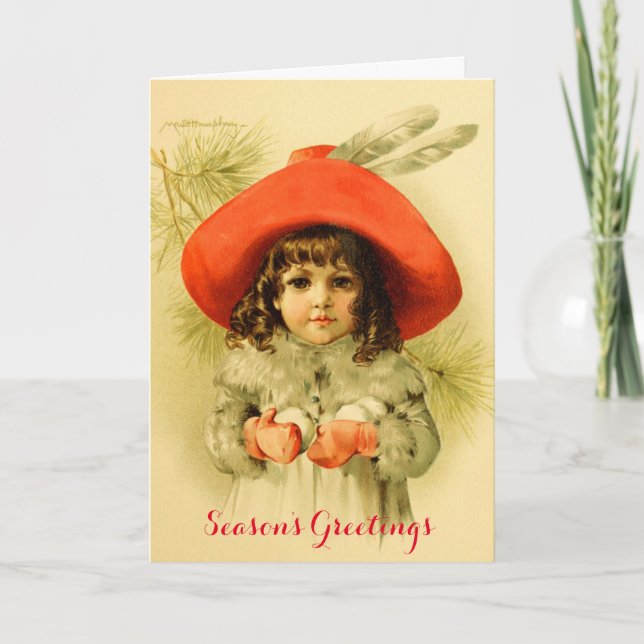 Little Girl with Red Hat Playing Snowball ,Winter Holiday Card (Front)