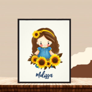 Little girl with sunflowers photo print