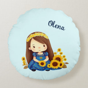 Little girl with sunflowers round cushion