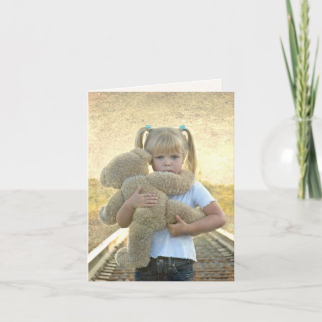 Little Girl with Teddy Bear on Railroad Track Card (Front)