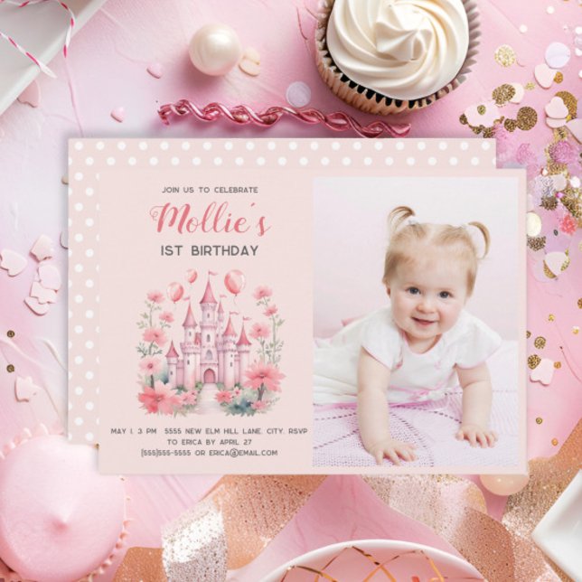 Little Girls 1st Birthday Pink Castle Photo Invitation (Cute pink princess castle baby girl's 1st birthday photo invitation)
