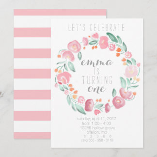 Little Girl's 1st birthday pink flower invitations