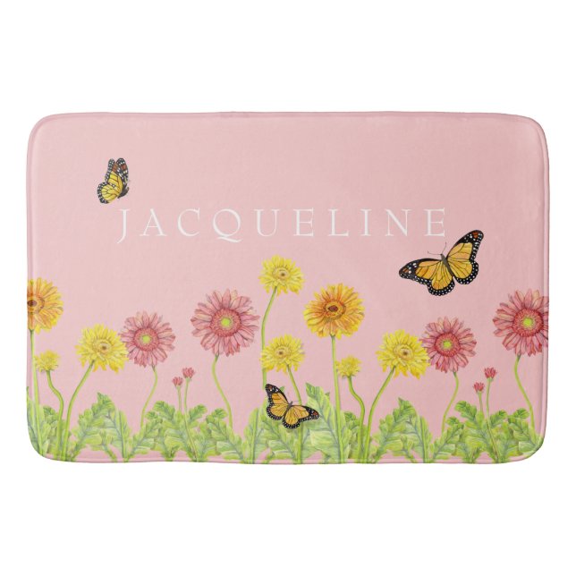 Little Girls Bath Decor Gerbera Daisy Butterfly Bath Mat (Front)