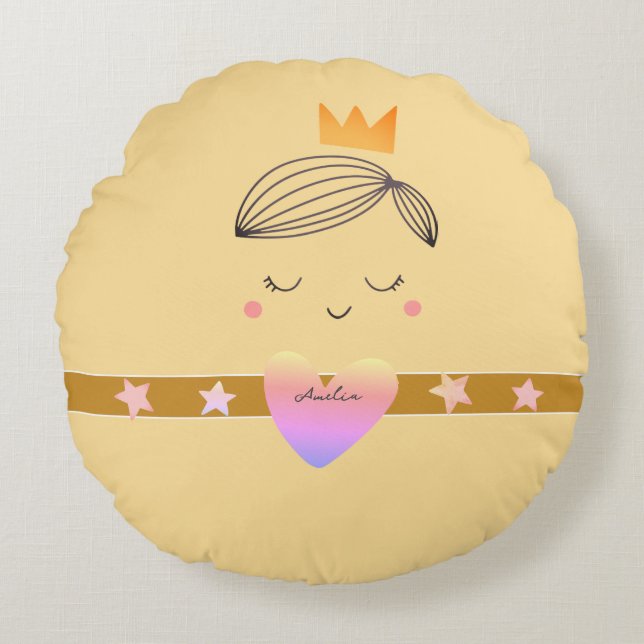 Little Girls Boho Princess Buttercream Yellow Round Cushion (Front)