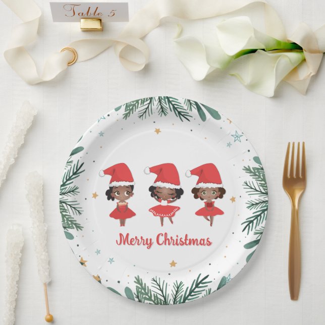 Little Girls Christmas Santa Hat Ballerinas Paper Plate (Wedding)