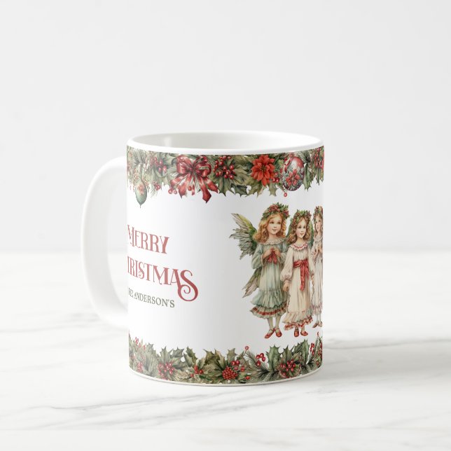 Little girls Christmas Victorian Angels with holly Coffee Mug (Front Left)