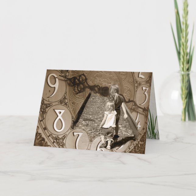 little girls on railroad tracks in clock face card (Front)